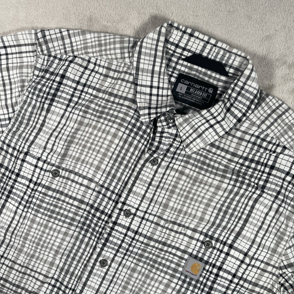 Carhartt Button Shirt‎ Rugged Flex Relaxed Fit Mens Large White Plaid TW5701-M